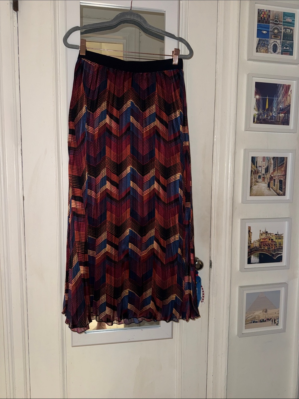 ba&sh Chevron Pleated Midi Skirt in Navy, maroon, Rust, and Cream Sz Small